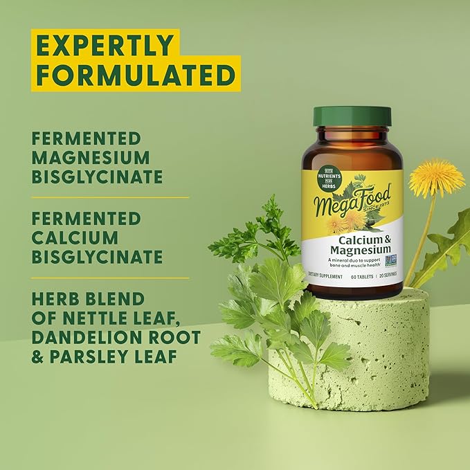 MegaFood Calcium Magnesium Supplement - with Fermented Magnesium Glycinate - Supports Bone Health & Heart Health - Calcium & Magnesium Supplement for Men & Women - Non-GMO - 60 Tabs (20 Servings)