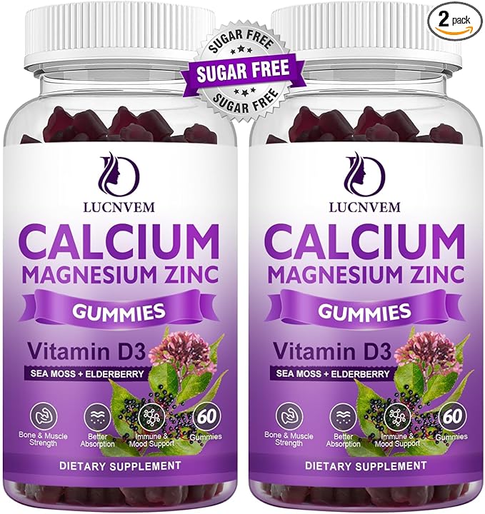 (2 Pack) Sugar Free Calcium Magnesium Zinc Gummies, Calcium Magnesium 2:1, Contains Magnesium Glycinate, Vitamin D3, Sea Moss, for Bones, Muscles, Calm Mood & Sleep Support, Vegan, 120 Gummies
