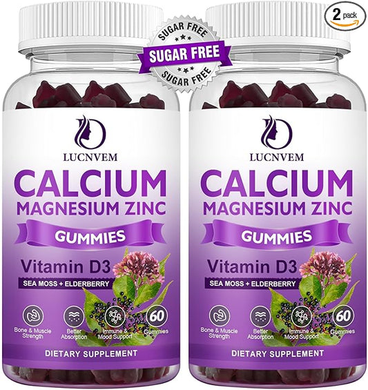 (2 Pack) Sugar Free Calcium Magnesium Zinc Gummies, Calcium Magnesium 2:1, Contains Magnesium Glycinate, Vitamin D3, Sea Moss, for Bones, Muscles, Calm Mood & Sleep Support, Vegan, 120 Gummies