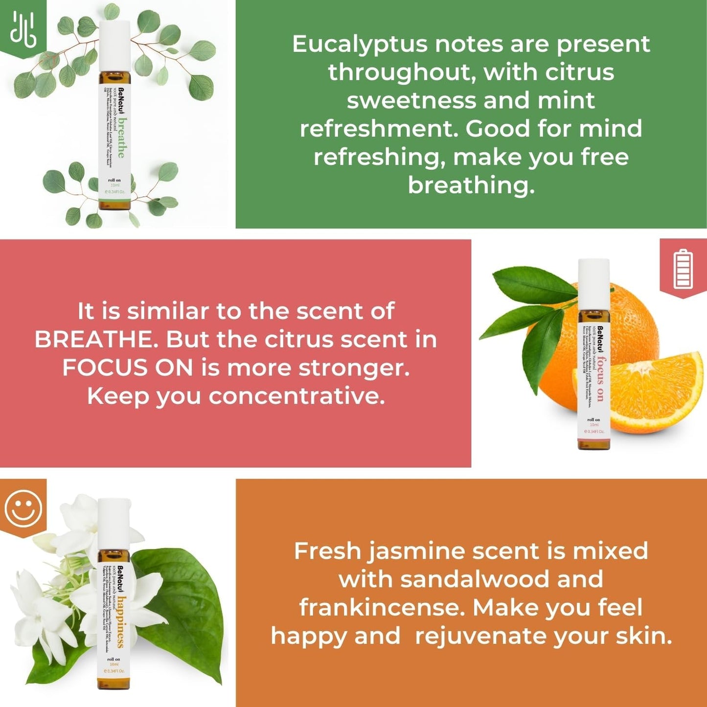 Benatu Essential Oil Blends Set (Breathe, Focus on, Happiness), Natural Aromatherapy Roll On for Massage, Body Skin Care, Home - Natural Fragrance Gift Roller for Women and Men