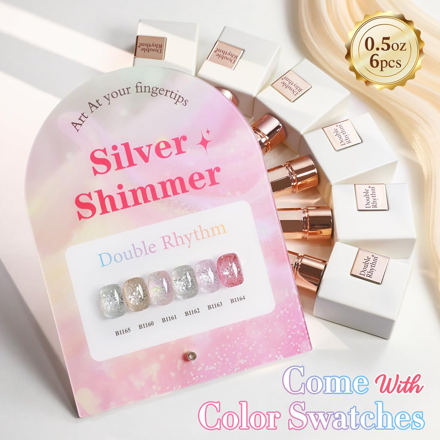 Double Rhythm 0.5 Oz Glitter Gel Polish Set of 6 Color with Display Board 15 ml Full Size Kit Shimmer Reflective Sparkle Soak Off Manicure Salon DIY at Home (Gold Silver Light Pink Rose-T6-35)