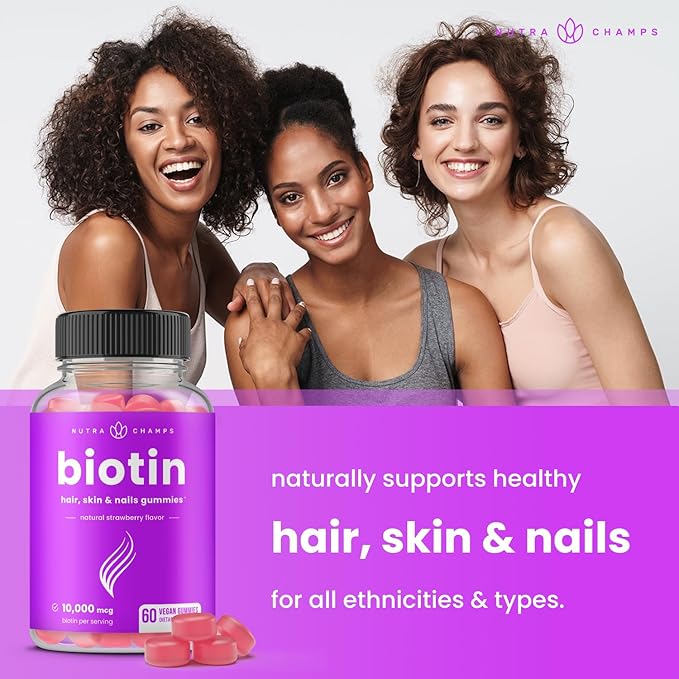 NutraChamps (2 Pack) Biotin Gummies 10,000mcg [High Potency] for Healthy Hair, Skin & Nails for Adults & Kids - 5000mcg in Each Gummy Vitamin - Vegan, Non-GMO, Pectin-Based Hair Health Supplement