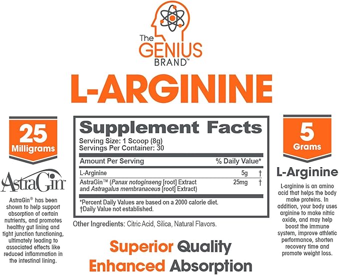 Genius L-Arginine Nitric Oxide Powder - Fermented L- Arginine Nutritional Supplements & Nitric Oxide Booster - Pre Workout, Natural Muscle Builder - 30 Servings, Lemon