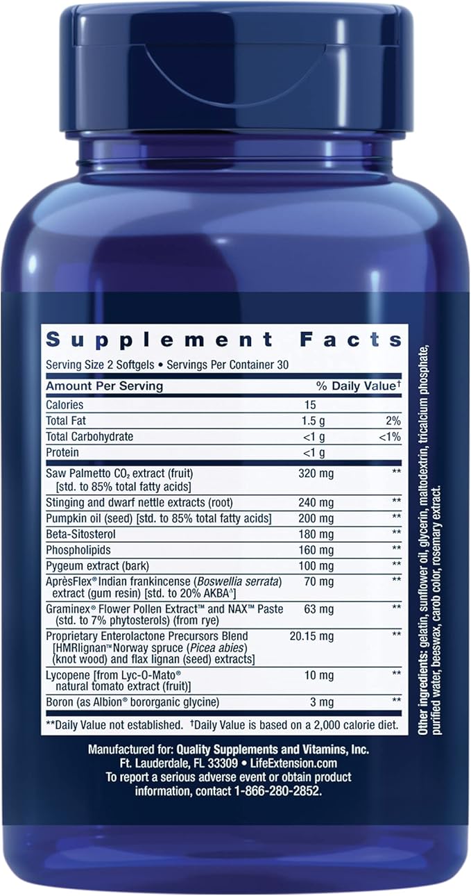 Life Extension Ultra Prostate Formula - Men’s Prostate Health Supplement with Beta Sitosterol, Saw Palmetto, Lycopene, Pumpkin Seed - 60 Softgels