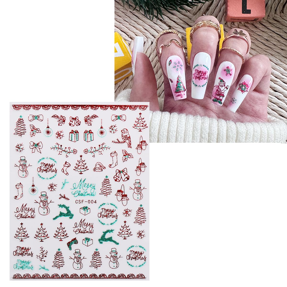 JMEOWIO 9 Sheets Christmas Glitter Nail Art Stickers Decals Self-Adhesive Green Red Snowflake Winter Holiday Nail Supplies Nail Art Design Decoration Accessories