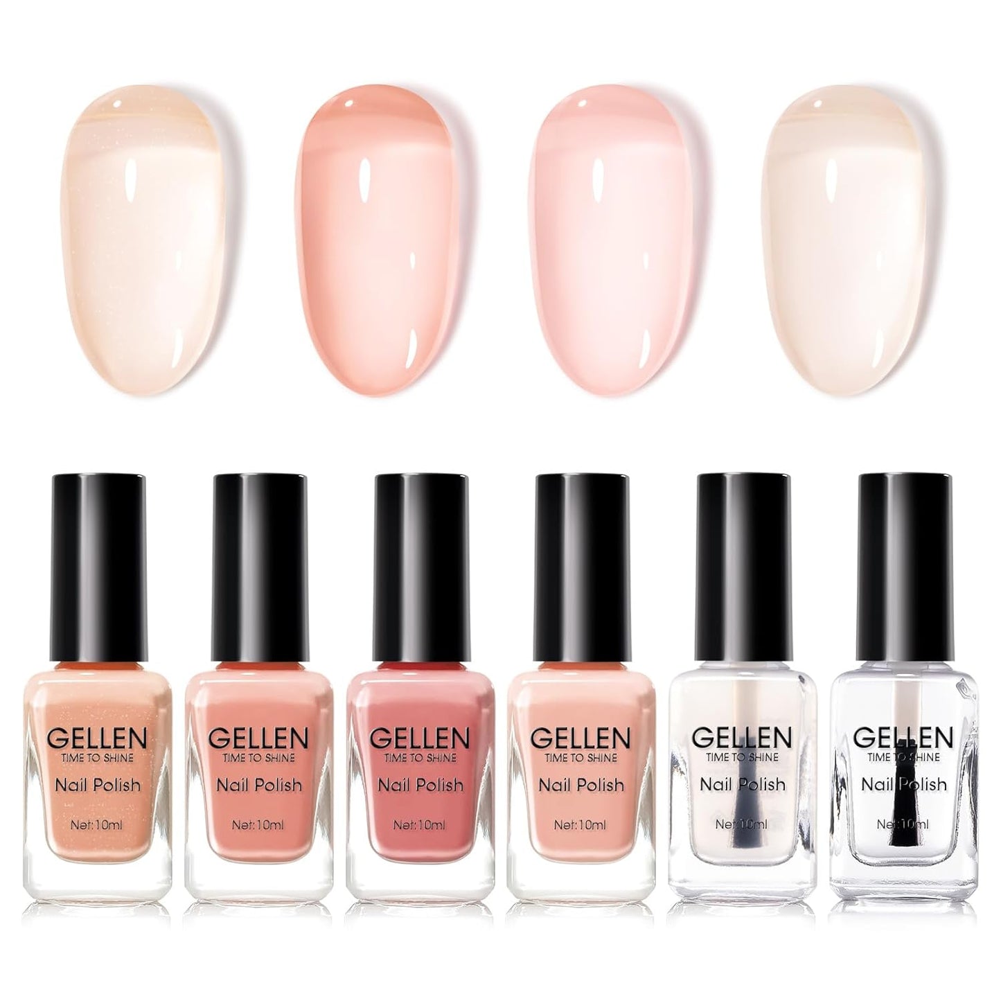 GELLEN Sheer Pink Nail Polish & Clear Base Top Coat Nail Polish, Light Pink Jelly Nails Polishes Summer Spring 6pcs Set, Quick Air Dry Non-Gel Traditional Regular Nails Polishes, Hema Free, Non-toxic