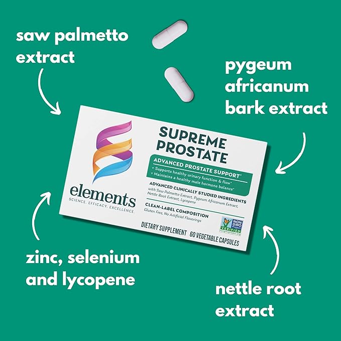 Elements Supreme Prostate, 60 Capsules (30 Day Supply), Advanced Prostate Support Supplement, Supports Healthy Urinary Flow and Function, Gluten Free