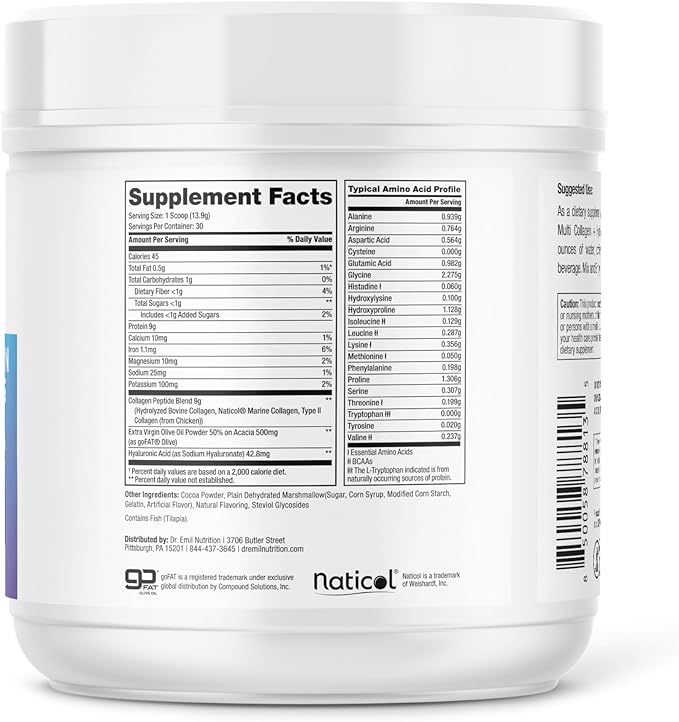 Dr. Emil Multi Collagen Peptides Plus with Hyaluronic Acid - Peppermint Hot Cocoa Flavor - 9g Collagen Per Serving for Skin, Hair, Nails & Joint Support