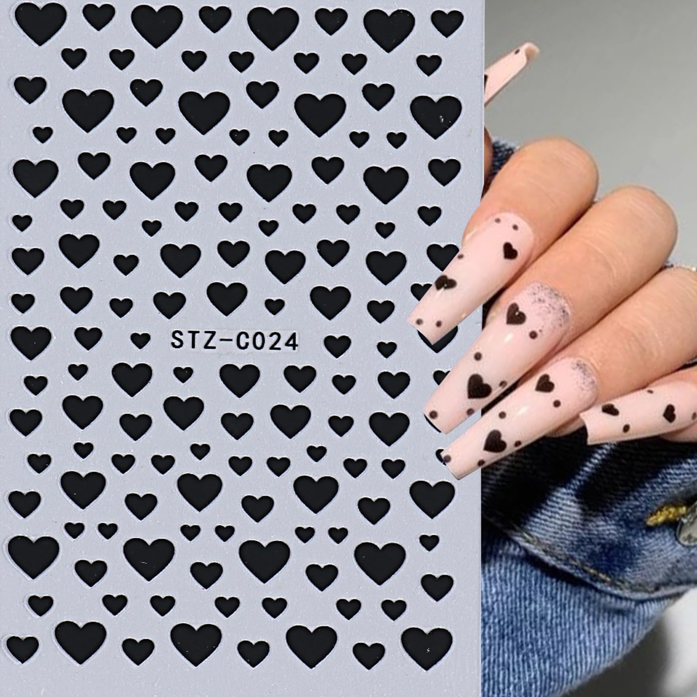 6PCS Valentine's Day Heart Nail Stickers - Love Art Supplies, 3D Self-Adhesive Decals, Black Red White Gold Design DIY Manicure Decor for Women