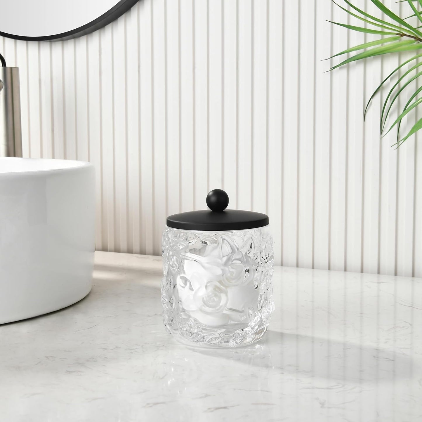 Home Glass Cotton Jar Holder Matte Black Lid, Elegant Bathroom Storage Canister for Qtips, Cotton Balls, Floss, Makeup Organizer, Vanity Bathroom Organization (UPDATED BLACK)