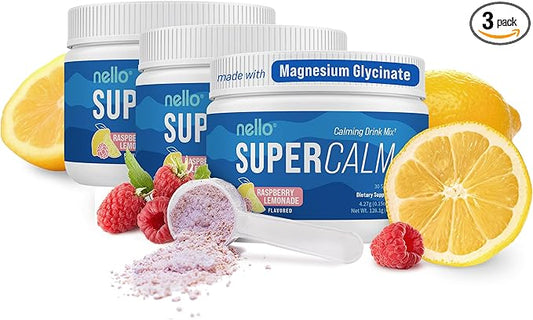 Nello Supercalm Drink Mix - Ashwagandha KSM 66, Magnesium Glycinate, L-Theanine, Vitamin D3 - Ashwagandha Root Extract, Magnesium & L-Theanine Supplement - (30 Servings) - 3 Pack