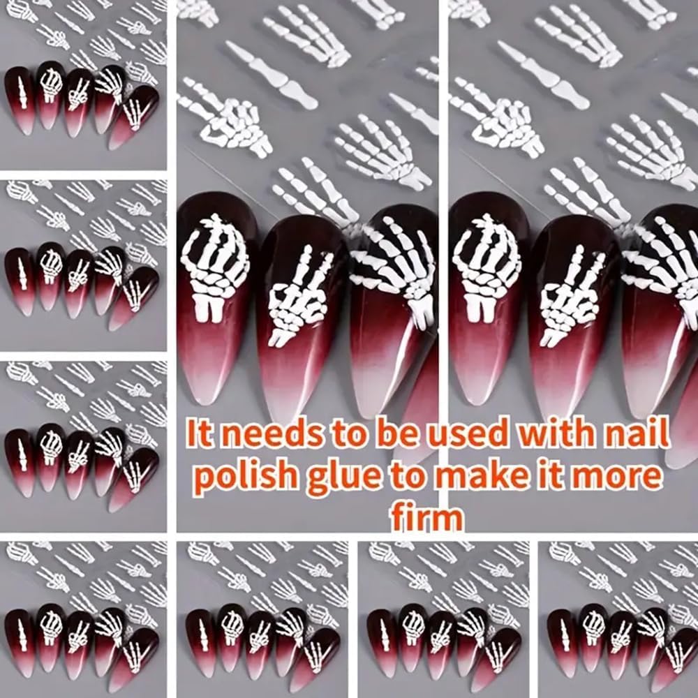 Halloween Nail Art Stickers Decals 3PCS Skeleton Nail Decals 5D Embossed Skull Nail Stickers White Hand Bones Finger Skeleton Halloween Nail Art Supplies Self-Adhesive Manicure Decorations