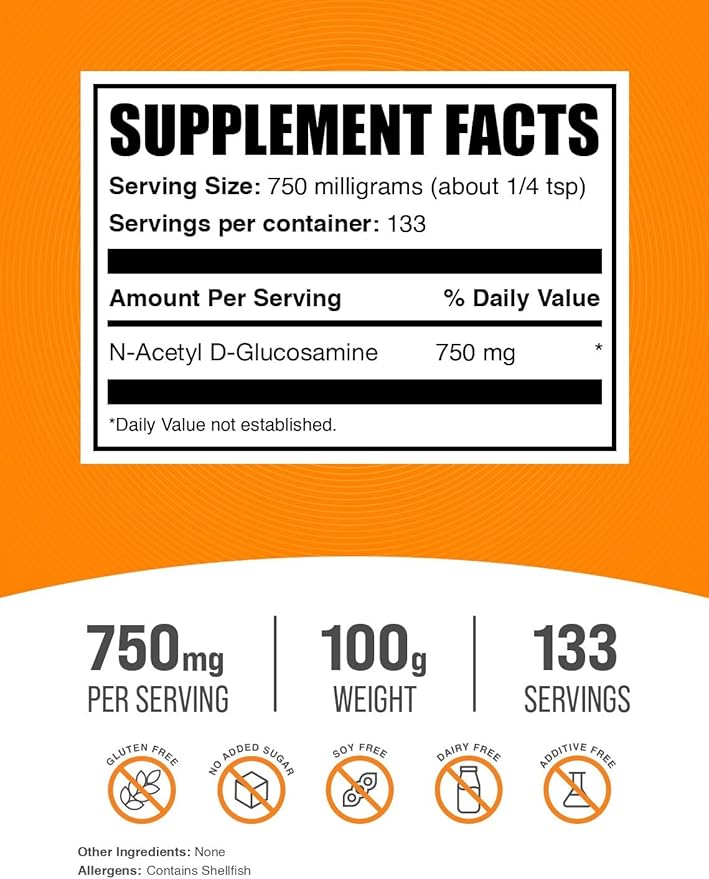 BulkSupplements.com N-Acetyl Glucosamine Powder - NAG Powder, Glucosamine 750mg, Glucosamine Supplement - Glucosamine Powder, Gluten Free, 750mg of per Serving, 100g (3.5 oz) (Pack of 1)