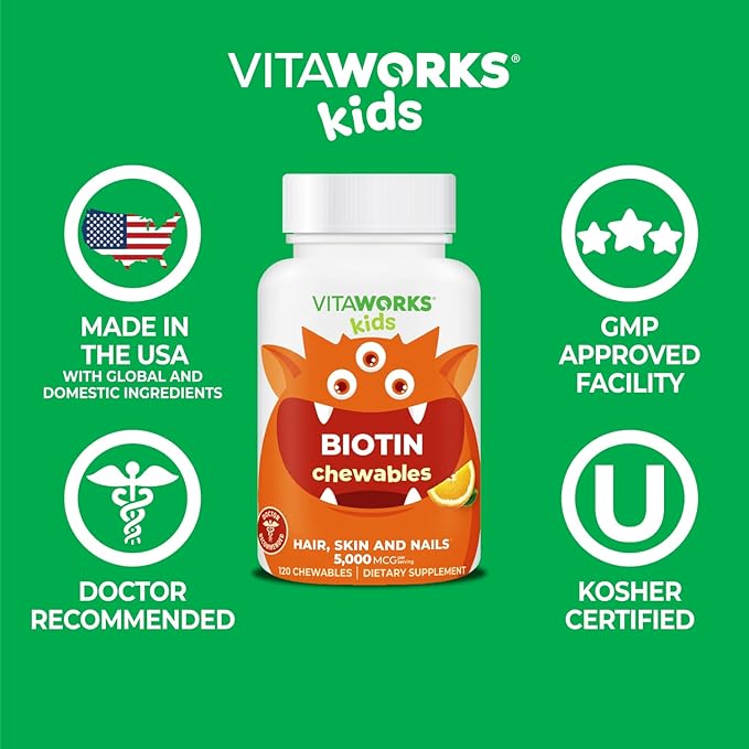 Kids Biotin 5000mcg Chewable Tablets | Tasty Biotin Supplement | Vegan Biotin Vitamins | Biotin for Hair Growth, Skin and Nail Heath | Hair Vitamins for Kids | 120 Chewables