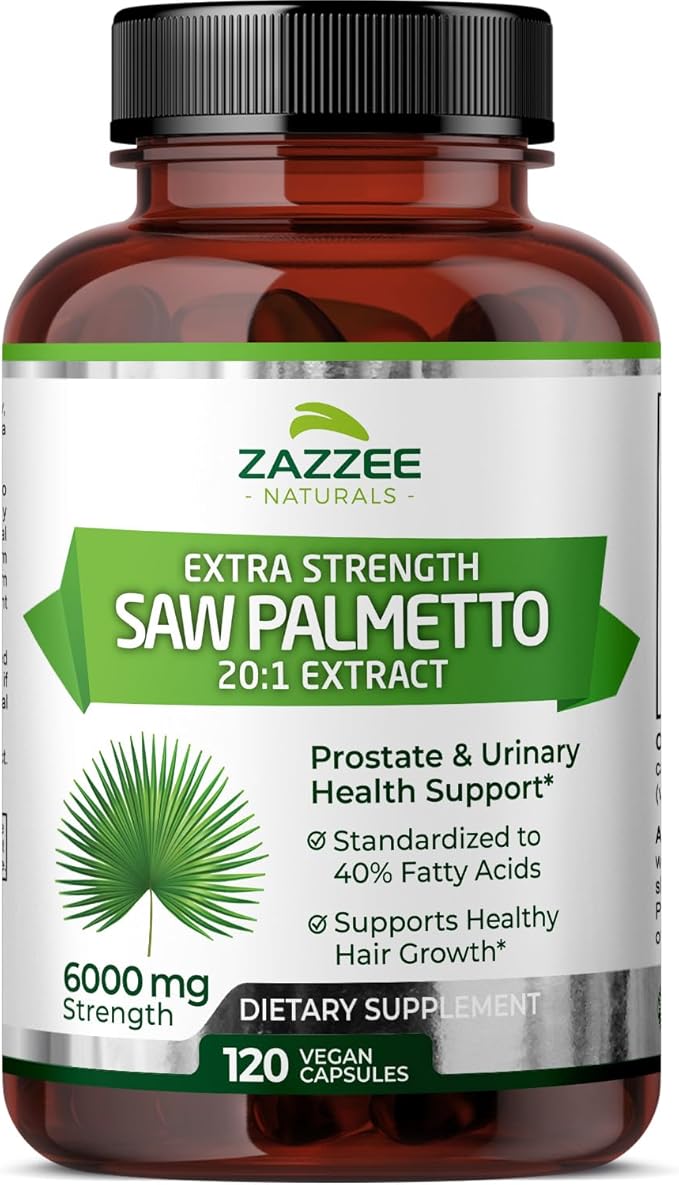 Zazzee Extra Strength Saw Palmetto 20:1 Extract, 6000 mg Strength, 40% Fatty Acids, 120 Vegan Capsules, 4 Month Supply, Concentrated and Standardized 20X Extract, Non-GMO, All-Natural, Made in the USA