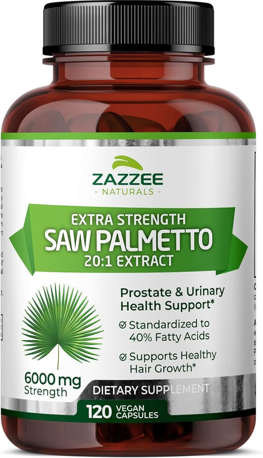 Zazzee Extra Strength Saw Palmetto 20:1 Extract, 6000 mg Strength, 40% Fatty Acids, 120 Vegan Capsules, 4 Month Supply, Concentrated and Standardized 20X Extract, Non-GMO, All-Natural, Made in the USA