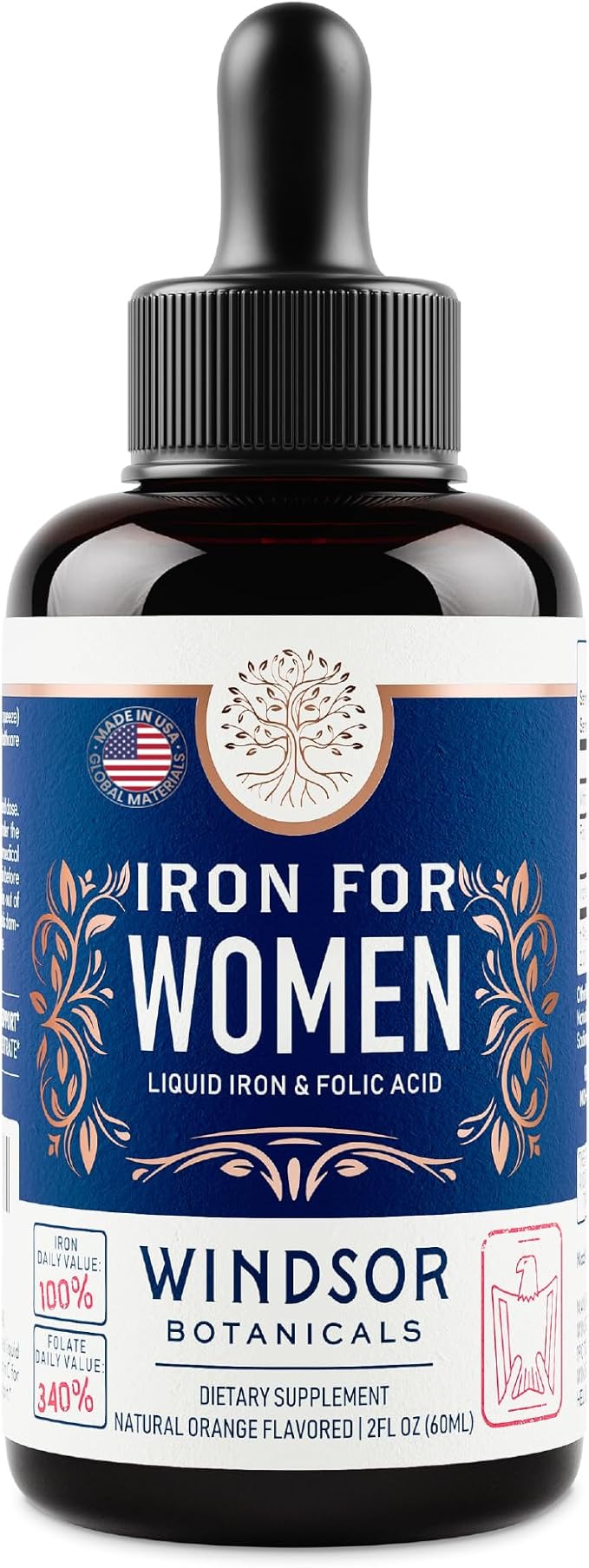 Liquid Iron Supplement for Women 2-Pack - Folic Acid, Vitamin C, Vegan Liquid Iron Supplements for Anemia, Menstruation, Pregnancy Support - Iron Liquid Drops Orange Flavor - 2x2oz