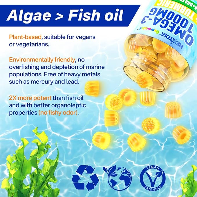 Vegan Omega-3 Gummies 1000mg + Turmeric - Omega 3 Fish Oil Alternative for Adults - Algae Omega DHA 600mg & EPA 300mg, Vitamins A, C, E, Zinc & MSM - Mobility, Immune, Eye & Brain, Sugar Free, 120 Cts