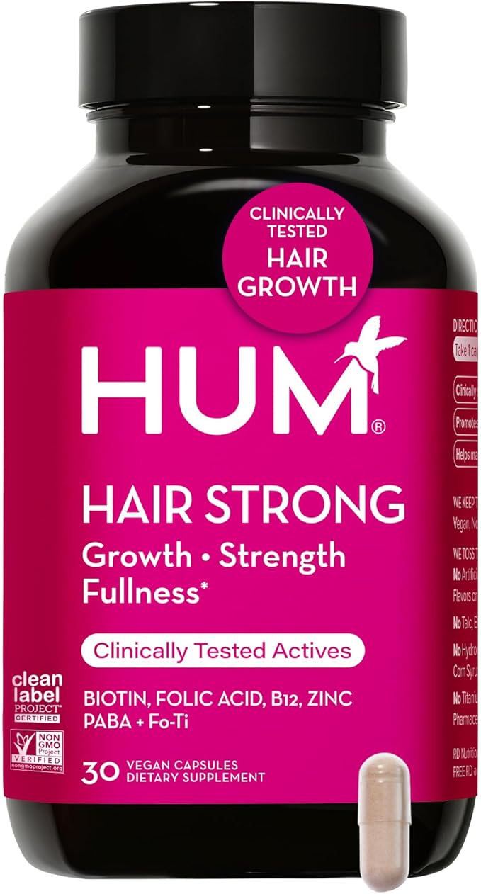 HUM Hair Strong - Hair Growth Vitamins with Biotin, Zinc, and Fo-Ti for Healthy Hair, Skin & Nails - Vegan Hair Supplement for Women | Biotin Supplement, (30 Capsules)
