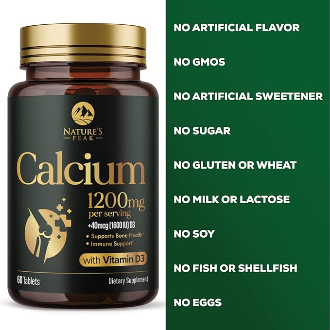 Calcium 1200 mg with Vitamin D3, Calcium Supplement Vitamins, Bone, Teeth & Immune Health Support, Calcium Supplements with D for Women & Men, Nature's Absorbable Calcium Carbonate - 60 Tablets