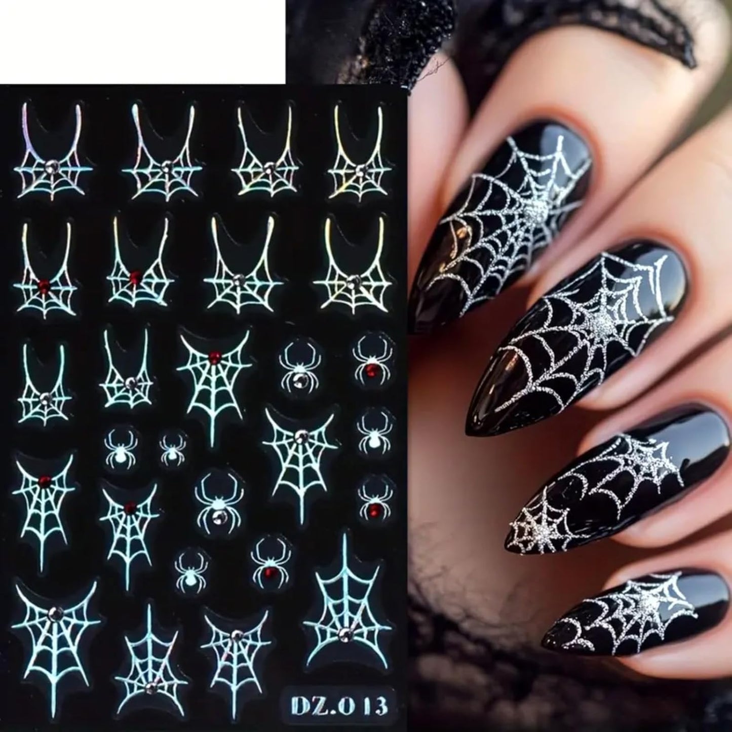 Halloween Nail Art Stickers Decals 4PCS Laser Silver Spider Web Spider Nail Decals with Rhinestone Spider Web Bow Heart Spider Nail Art Supplies Cute Nail Stickers for Women Halloween Manicure Decor