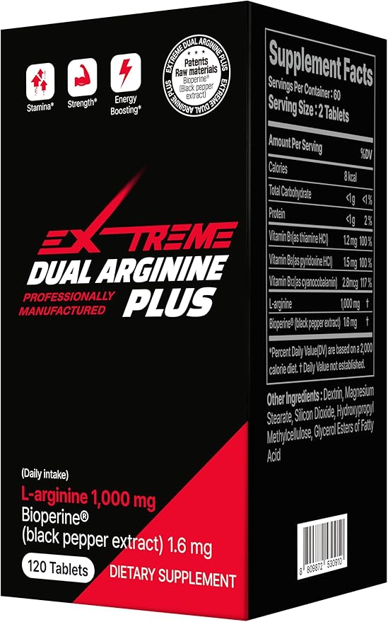EXTREME Dual ARGININE Plus with Vitamin B Complex - Boost up Energy & Vitality for Men's Sports Performance (1,000mg x 120 Tablets, 2 Months Supply)