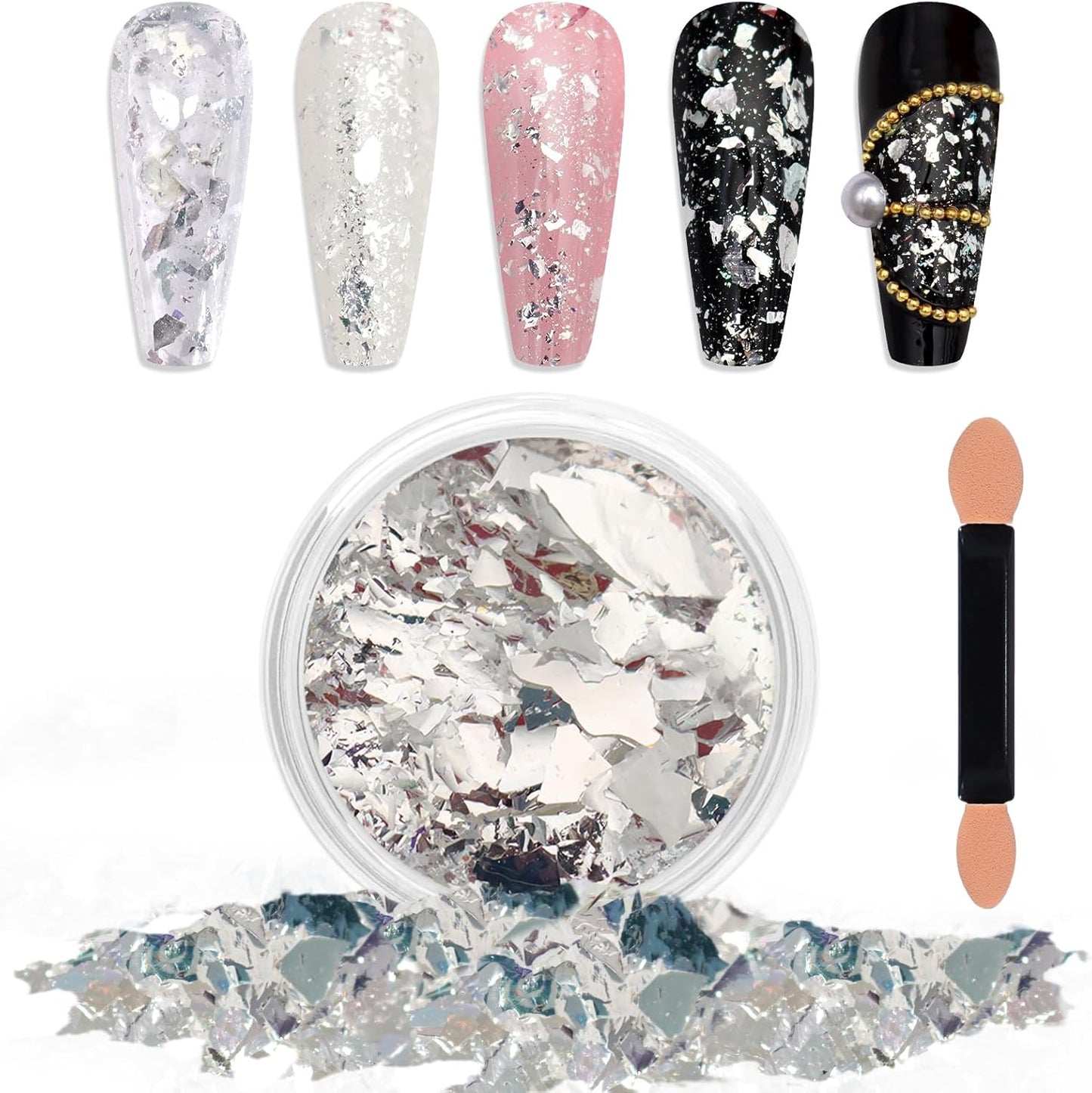 Laza Silver White Pearlescent Nail Flakes Glitter Irregular Opal Nail Foil Flakes Chunky Confetti Moonlight Chrome Sequins Aurora Fairy Dust for Mermaid Nails Design, Nail Decorations for Nail Art