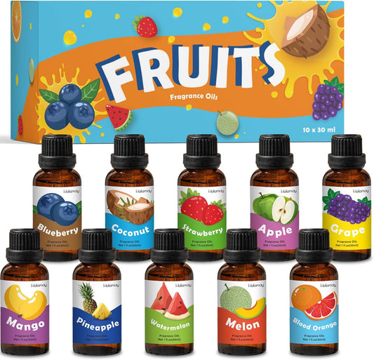 Holamay Fruit Essential Oils for Diffusers for Home, Fragrance Oil for Soap Making, Candle Scents for Candle Making 30ml x 10 - Coconut, Strawberry, Mango, Pineapple, Large Size Aromatherapy Oils Set