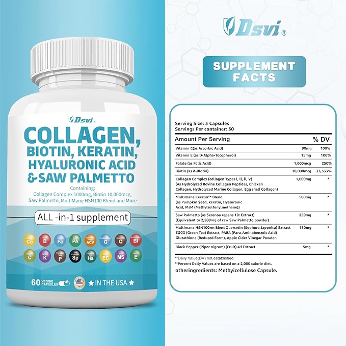 Collagen Pills 1000mg Biotin 10000mcg Keratin Saw Palmetto 2500mg Hyaluronic Acid - Hair Skin and Nails Vitamins and DHT Blocker with Vitamin E Folic Acid Pumpkin Seed MSM for Men and Women,60 Count