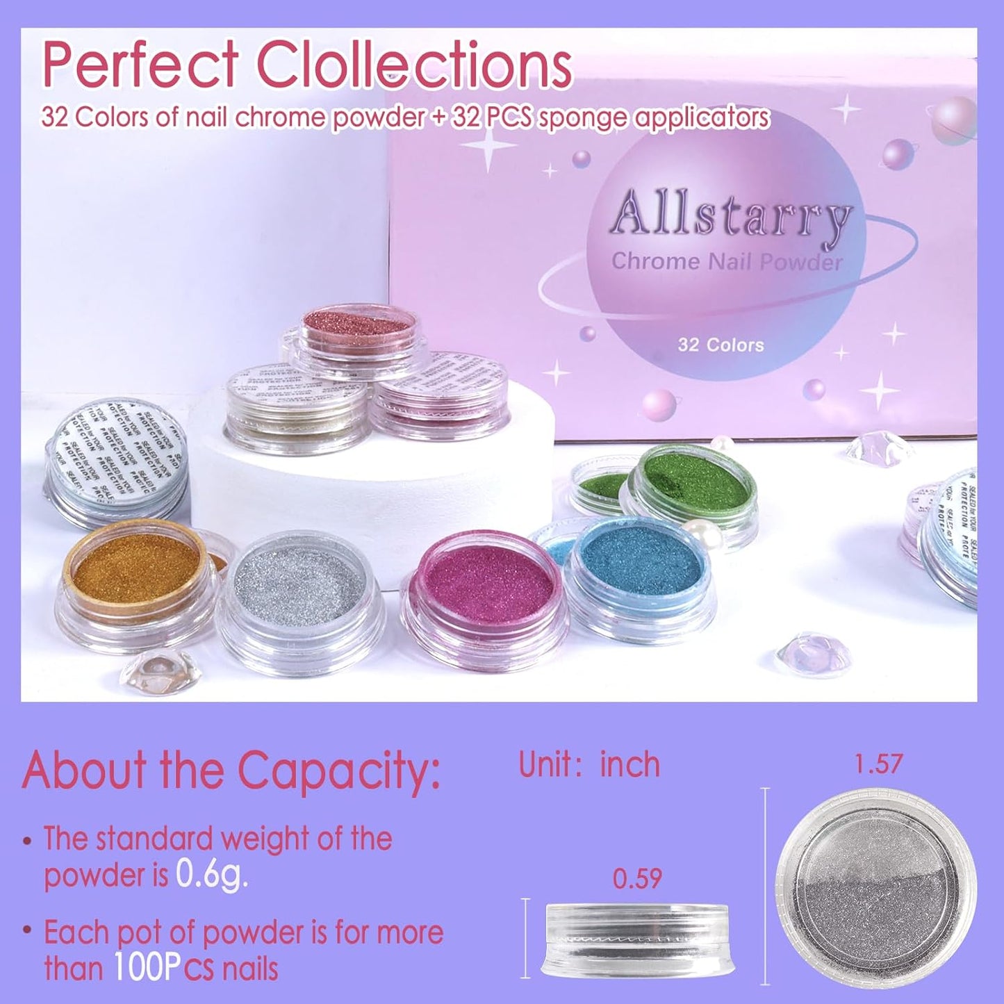 Allstarry Chrome Nail Powder Kit - 32 Colors Metallic Mirror Effect Holographic Manicure Pigment Glitter Powder for Nail Art Decoration Gel Polish with 32 Pcs Eyeshadow Sticks