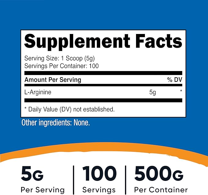Nutricost L-Arginine Powder 500 Grams (1.1lbs) - Pure L-Arginine Powder - 5000mg Per Serving; 100 Servings