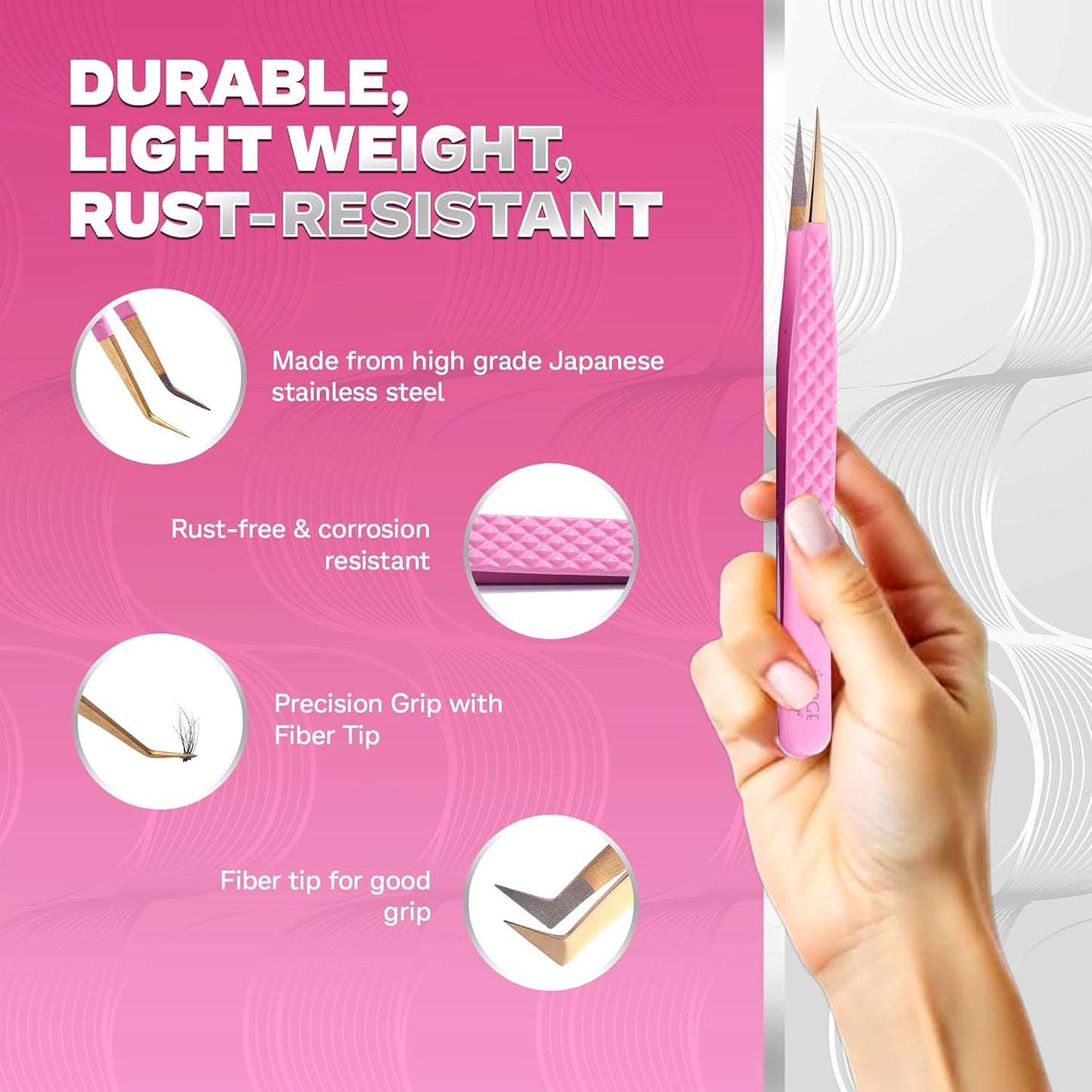 5 Pcs Fiber-Tip Japanese Steel Lash Tweezer Set with Leather Case, Professional Eyelash Tweezers for Lash Extensions – Titanium Coated, 90 & 45 Angled, Precision Pointed Tweezers (PINK)