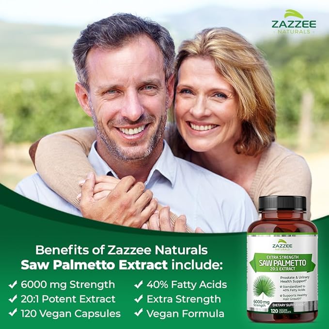 Zazzee Extra Strength Saw Palmetto 20:1 Extract, 6000 mg Strength, 40% Fatty Acids, 120 Vegan Capsules, 4 Month Supply, Concentrated and Standardized 20X Extract, Non-GMO, All-Natural, Made in the USA
