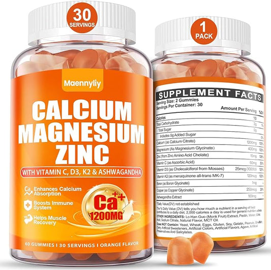 Calcium 1200 mg with Vitamin D3 Gummies for Adults - Calcium Citrate with Vitamin D3 K2, Magnesium, Zinc, Boron, Copper and Ashwagandha - Extra Absorption Calcium Supplement for B0ne, Muscle, Immune