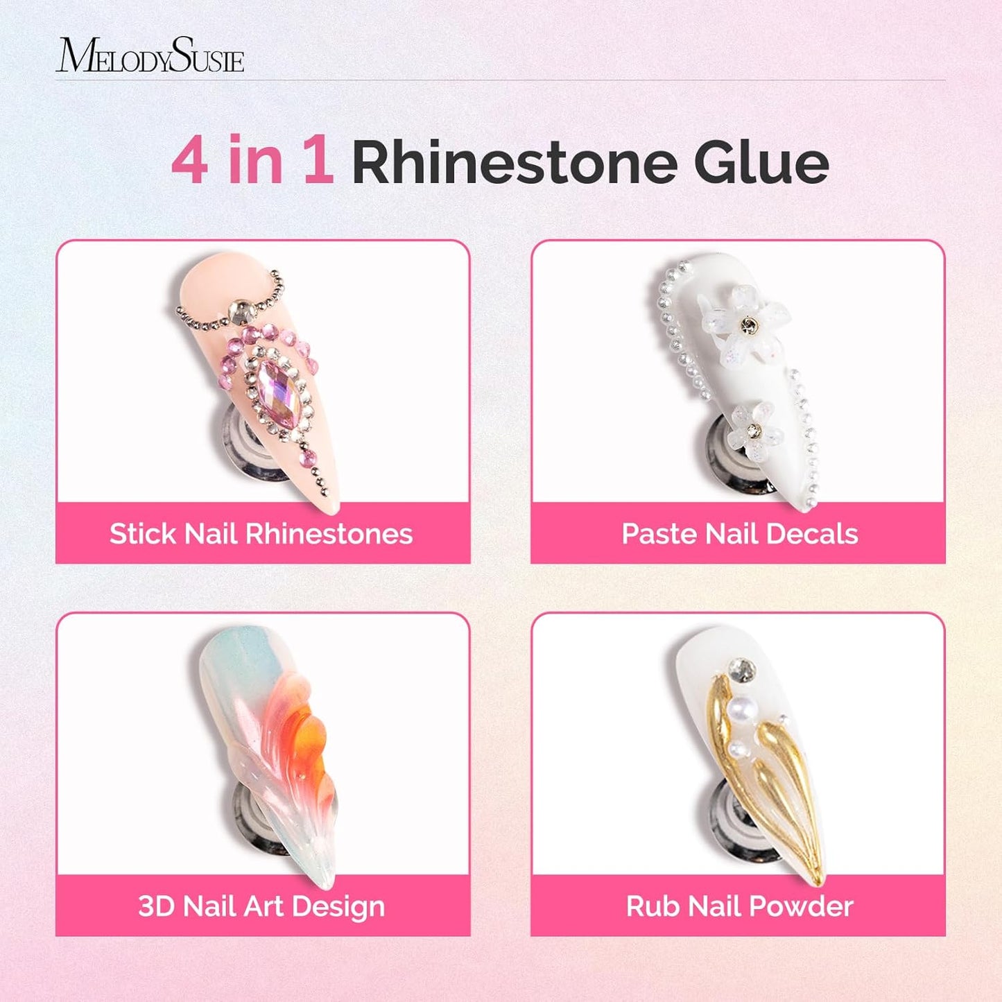 MelodySusie 2Pcs Nail Rhinestone Glue, 3D Gel Nail Art Design Strong Adhesive Nail Gem Glue for Nail Charms Gems Jewelry Decoration DIY Manicured at Home Cured Need Beauty Gifts for Women