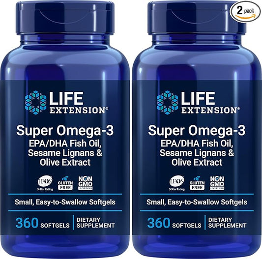 Life Extension Super Omega-3 360 Softgels (Pack of 2), Easy to Swallow, EPA/DHA Omega3 Fish Oil, Sesame Lignans & Olive Extract