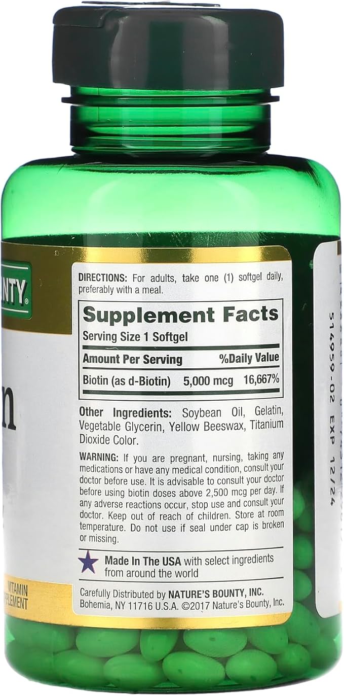 Nature's Bounty Biotin, Vitamin Supplement, Supports Metabolism for Cellular Energy and Healthy Hair, Skin, and Nails, 5000 mcg, 150 Softgels