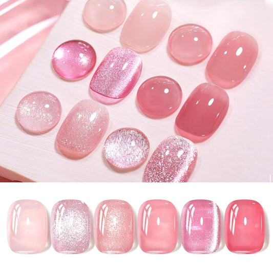 Born Pretty Gel Nail Polish Pink Nude Series,Jelly Transparent,Cat Magnetic Eye,Shimmer Glitter Holographic Pink Nude Gel Polish Kit for Salon Manicure and Nail Art DIY at Home 6Colors
