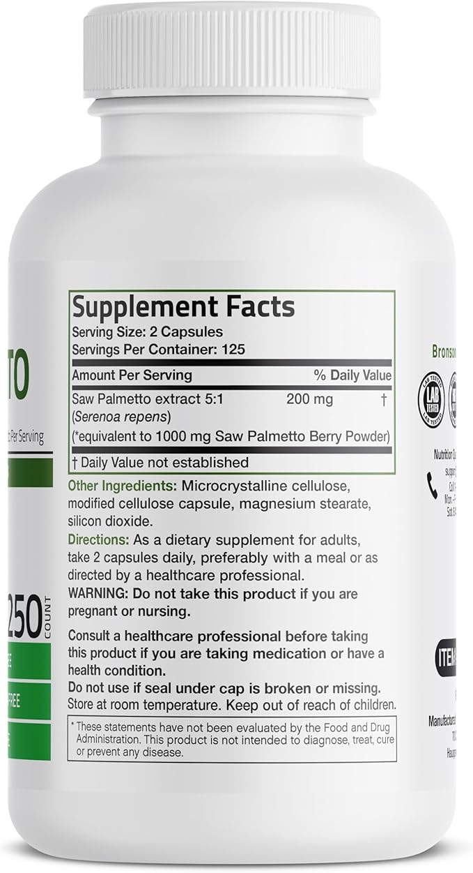 Bronson Saw Palmetto Extra Strength Supports Healthy Prostate Function & Urinary Health Support - Non GMO, 250 Vegetarian Capsules