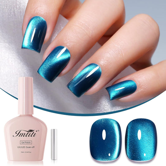 Imtiti Cyan Cat Eye Gel Nail Polish, Moonlight Aurora Cyan Holographic Cat Eyes Glitter Magnetic UV Soak Off Gel Polish with Magnetic Stick (0.34 Fl Oz-949)
