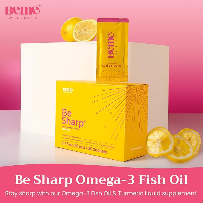 BeMe Be Sharp Liquid Omega 3 Brain Supplement - Omega 3, Turmeric Curcumin - Concentration, Brain + Memory Support. Omega 3-30 Day Supply (Fish Oil)
