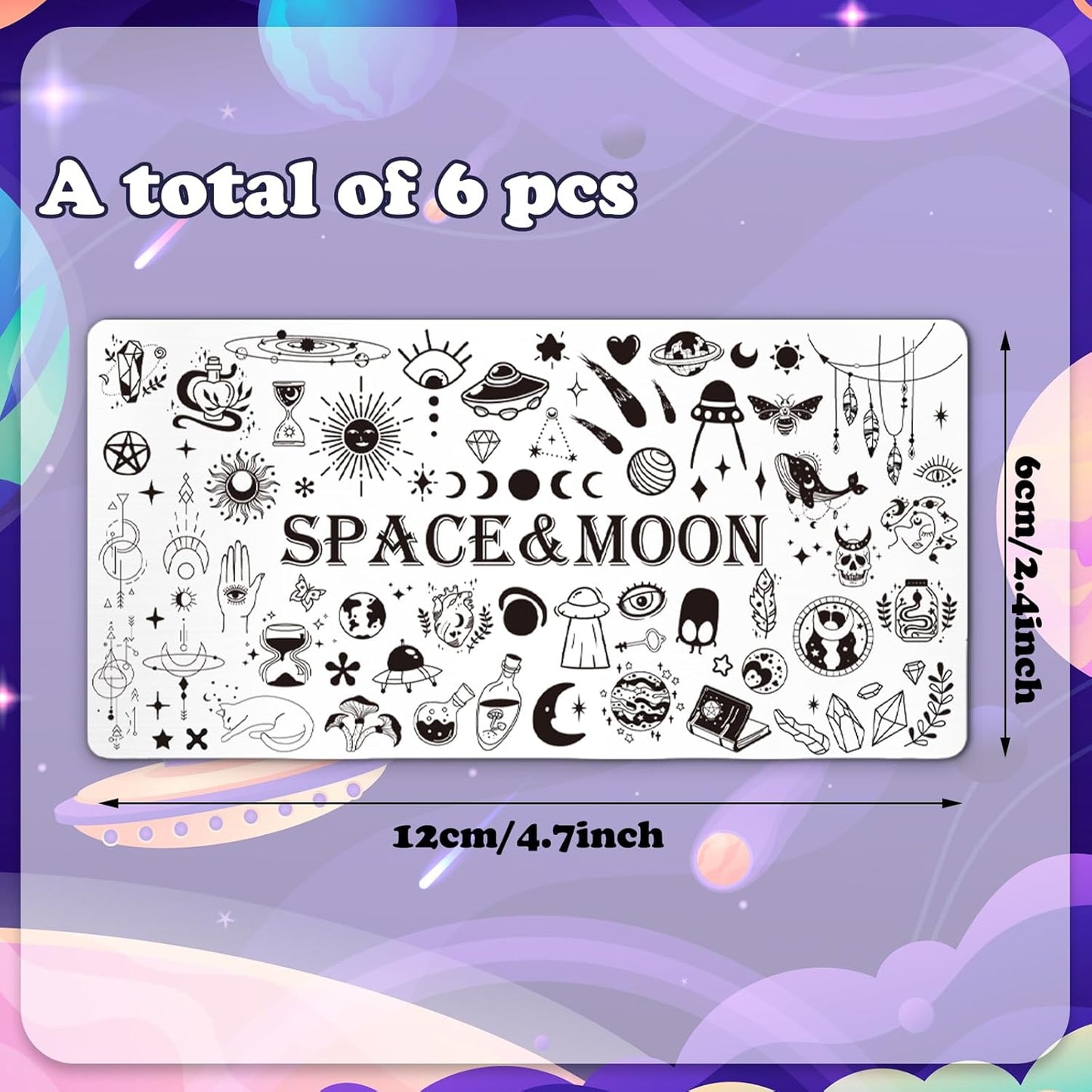 Whaline 6Pcs Outer Space Nail Plates Stamping Set Rocket Moon Planet Astronaut Stamp Templates Nail Art Plates for DIY Print Manicure Salon Design
