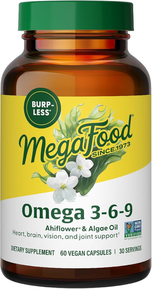 MegaFood Vegan Omega 3 6 9 - Burp-less Omega 3 Supplement - 600 mg Plant-Based Omega-3 & 150 mg DHA Per Serving - Heart, Brain, Vision & Joint Support - Fish Oil Alternative - 60 Capsules, 30 Servings