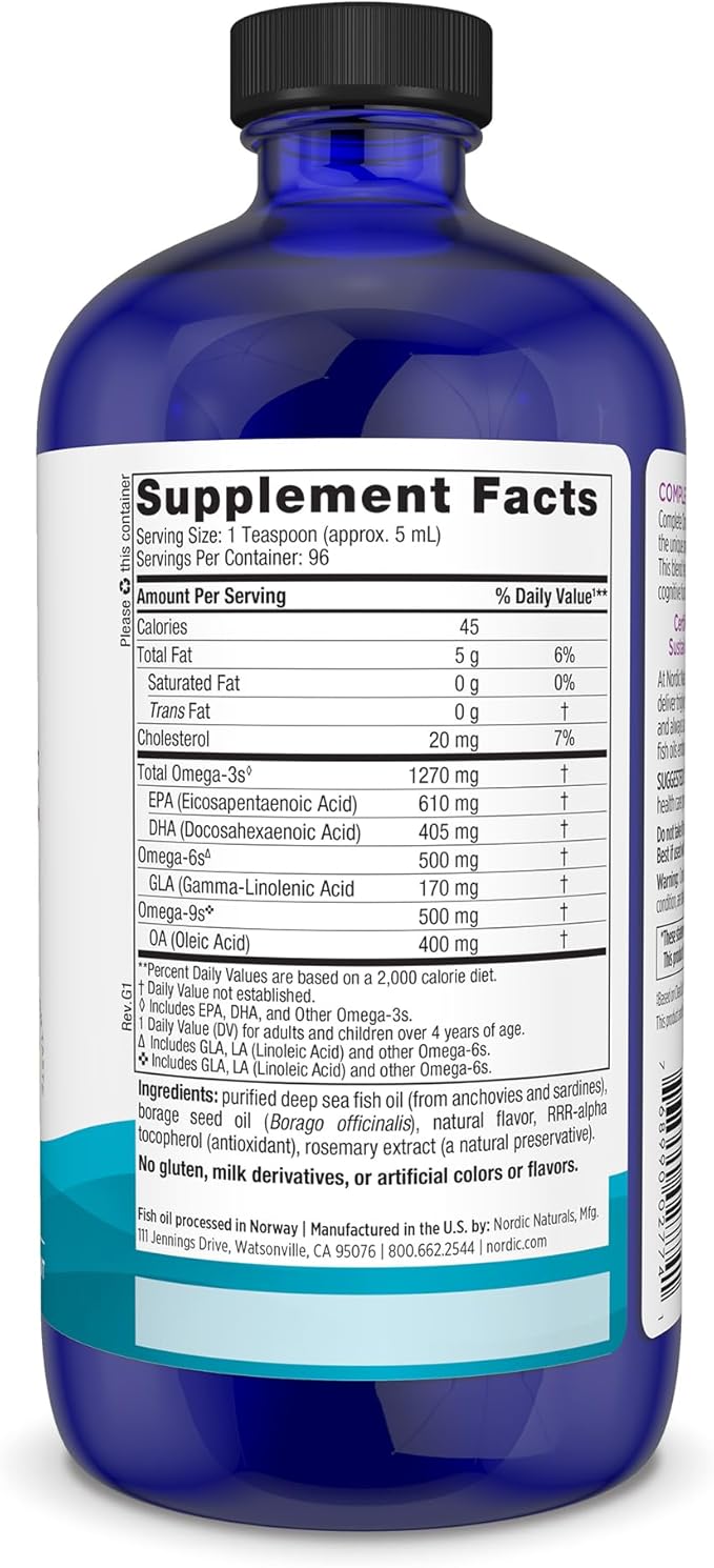 Nordic Naturals Complete Omega, Lemon Flavor - 16 oz - 1270 mg Omega-3 - EPA & DHA with Added GLA - Healthy Skin & Joints, Cognition, Positive Mood - Non-GMO - 96 Servings