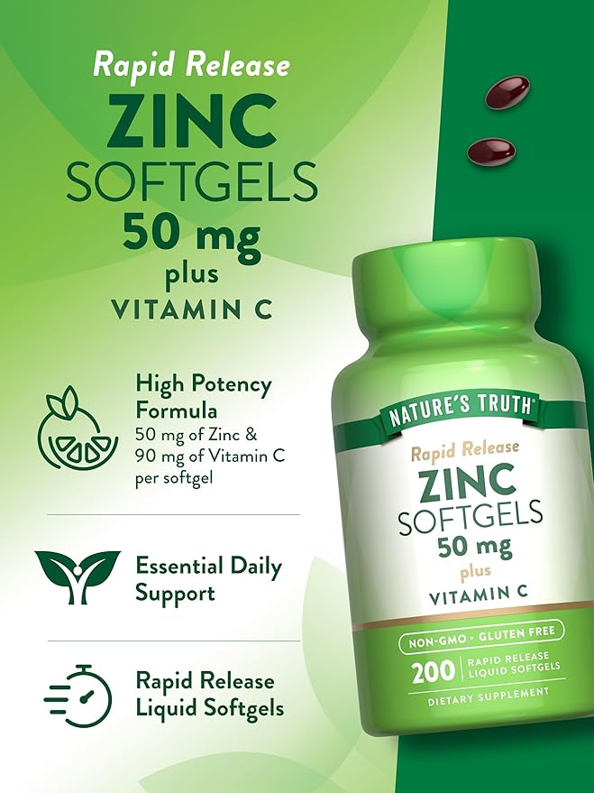 Nature's Truth Zinc 50mg with Vitamin C | 200 Liquid Softgels | Non-GMO & Gluten Free Supplement