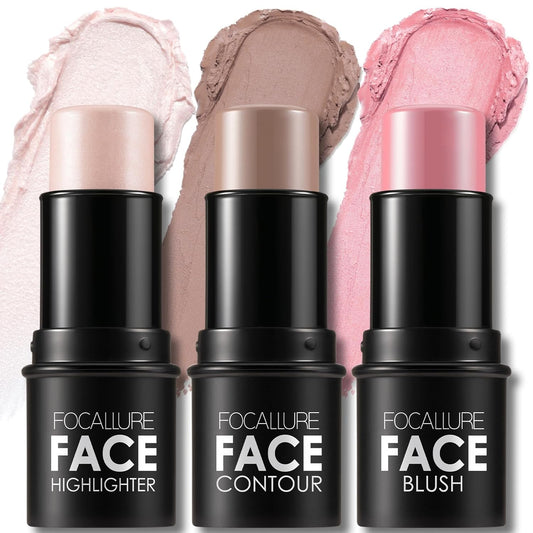FOCALLURE 3 Pcs Cream Contour Sticks,Shades with Highlighter & Bronzer & Blush,Non-greasy Long-wear Face Contouring Pen,Easy to Sculpt the Face and Create a Lightweight Finishing Makeup,FAIR-LIGHT