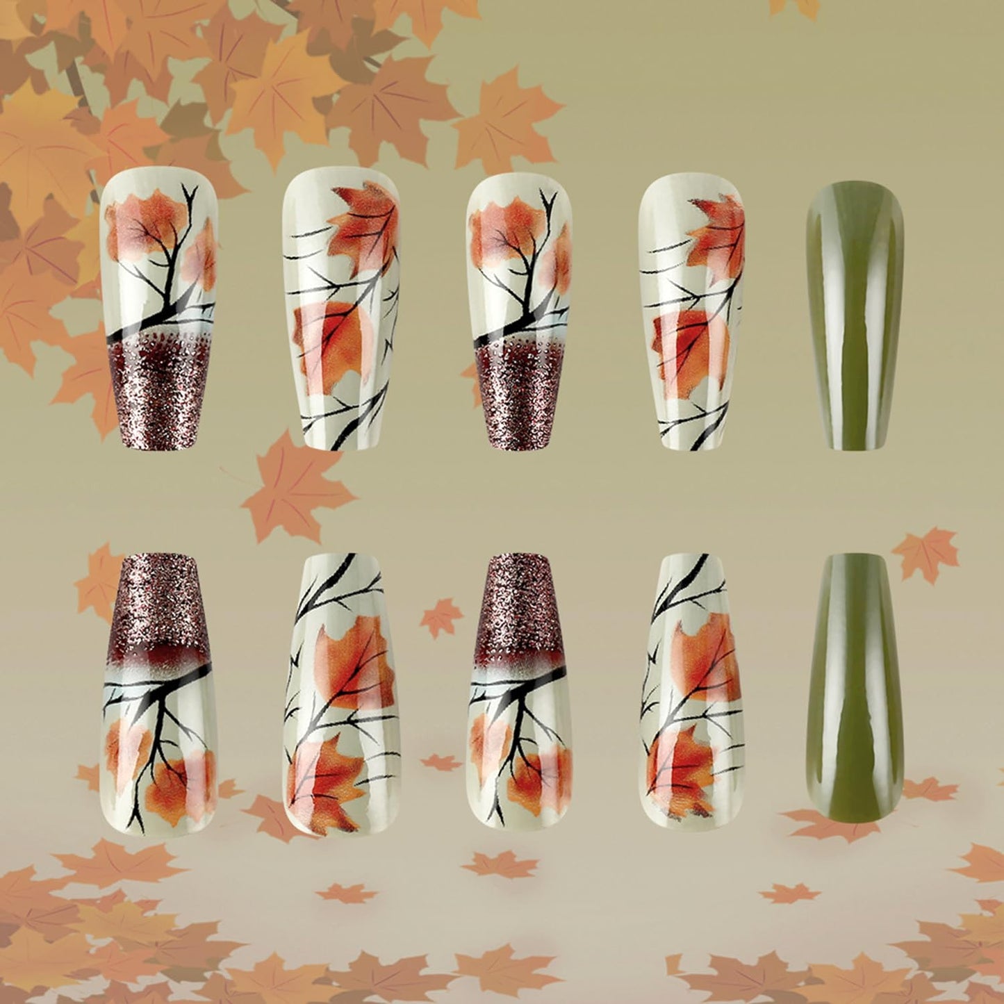 Vintage Thanksgiving Press on Nails Fall Maple Leaf Long Coffin Nails Autumn Maple Leaves Fake Nail Glossy Acrylic Glue on Nail for Women DIY Manicure