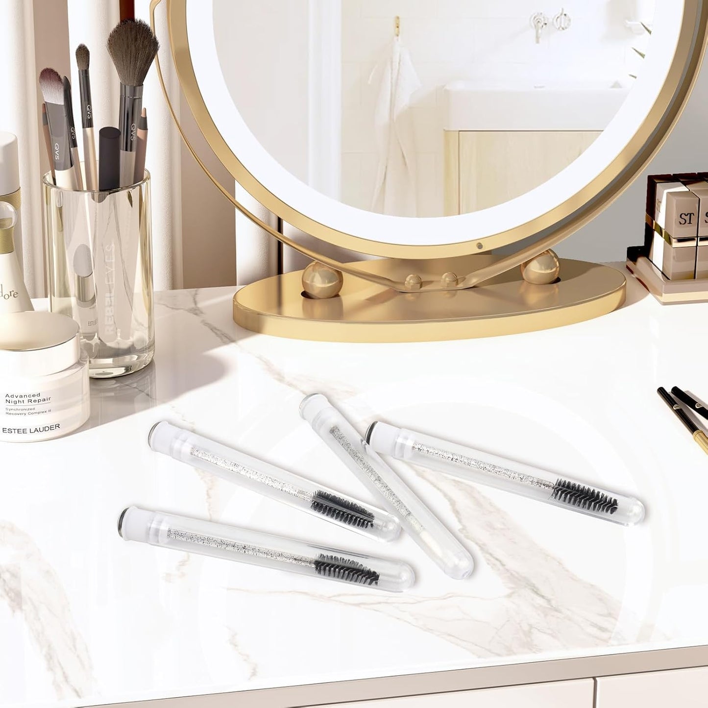 48 Pieces Disposable Mascara Wands Set,Include 24 pcs Disposable Crystal Lash Spoolies Brush and 24 Pieces Reusable Diamond keychain Empty Eyelash Brush Tubes for Women Girls Makeup Brush Kit