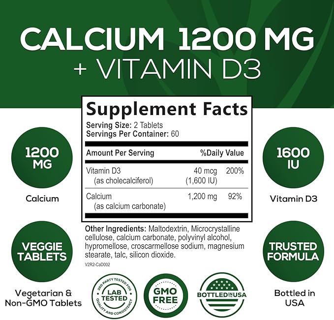Calcium 1200 mg with Vitamin D3, Calcium Supplement Vitamins, Supports Bone Strength, Teeth & Immune System, Calcium Supplements for Women & Men, Nature's Absorbable Calcium Carbonate - 120 Tablets
