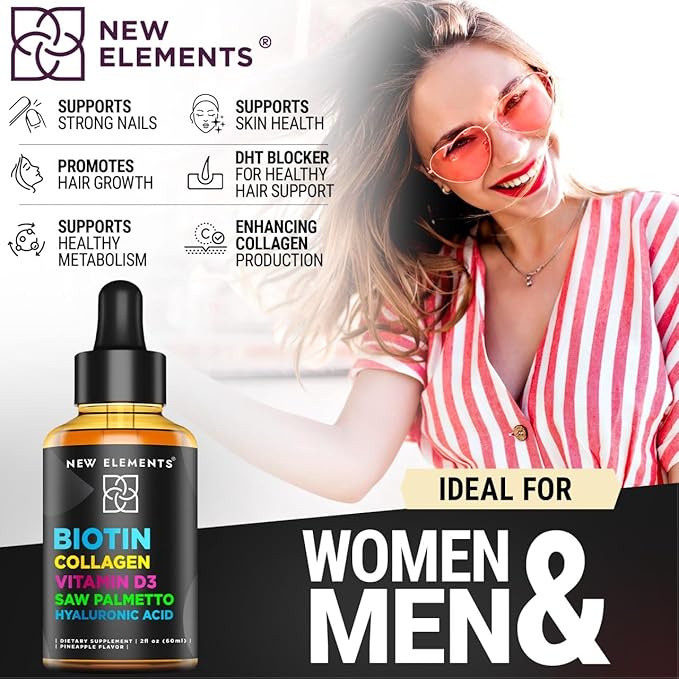 Liquid Biotin Drops with Collagen Vitamin D3 Saw Palmetto & Hyaluronic Acid for Hair Skin and Nails, Hair Growth Supplement for Men & Women | Non-GMO | Gluten-Free